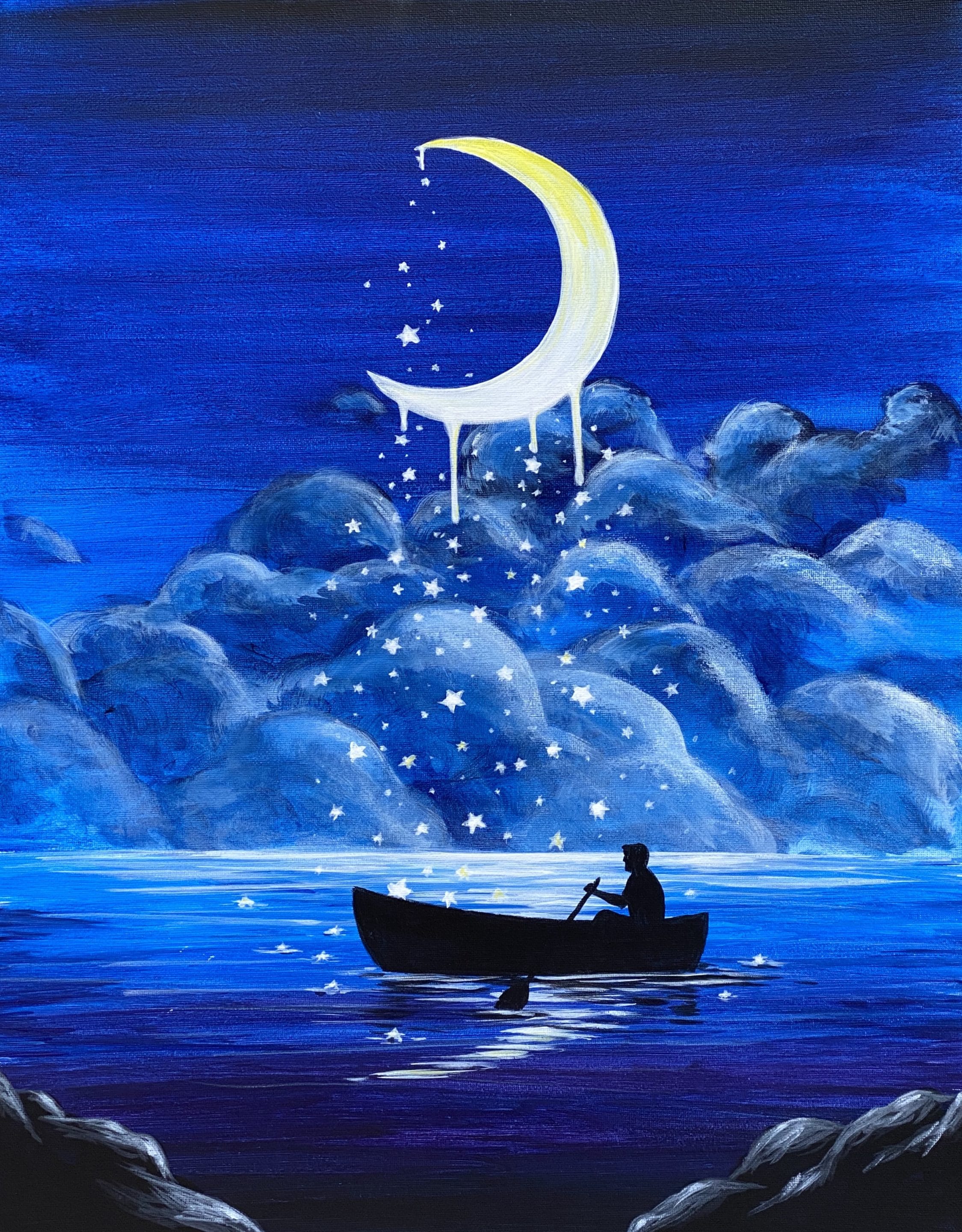 Crescent moon with starts that twinkle and fall to a lake below as a person in a canoe tries to catch them.
